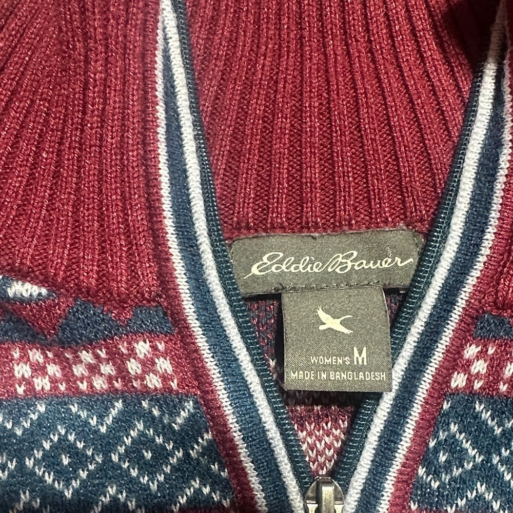 Eddie Bauer Striped quarter Half-Zip Fair Isle Sweater matron white blue design - Picture 5 of 7
